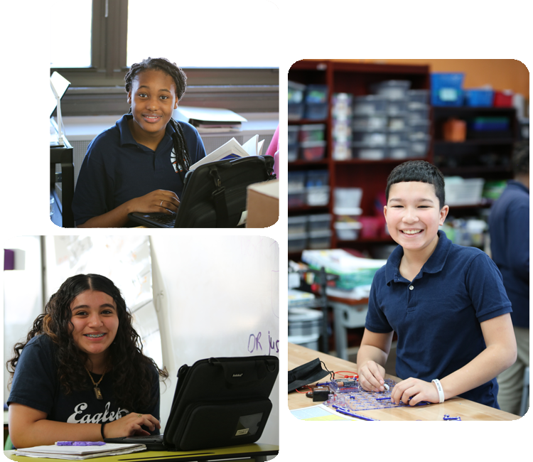 Collage showcasing various student activities including academics, science, and hands-on projects.